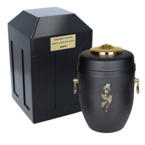 Funeral set - Vault and black metal urn for ashes