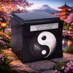 Black cremation urn with yin-yang symbol, placed in a serene Japanese garden with cherry blossoms and a traditional pagoda.