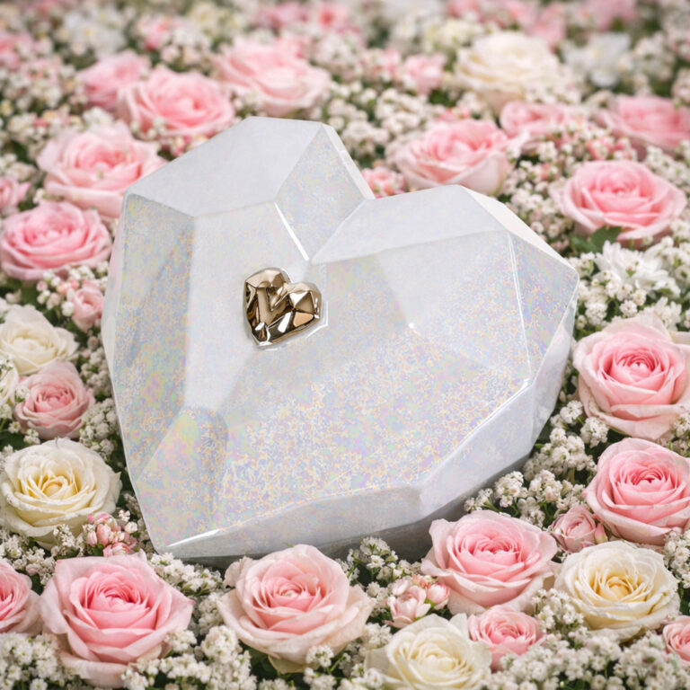 Heart-shaped cremation urn with iridescent finish and gold accent, surrounded by pink and white roses.