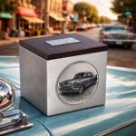 Stainless steel cremation urn with wooden lid and engraved classic car design, placed on a vintage vehicle in a small-town street setting.