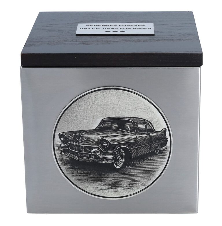 Frontansicht einer Urne mit klassischem Automobilmotiv