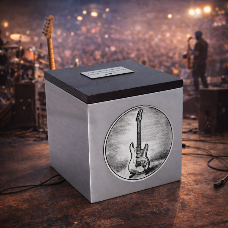 Stainless steel cremation urn with wooden lid and engraved electric guitar design, displayed on a concert stage with musicians and crowd in the background.