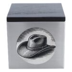 Draufsicht auf die Urne mit Holzdeckel und Edelstahlkorpus. <br> <br> <br>