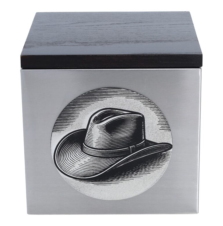 Draufsicht auf die Urne mit Holzdeckel und Edelstahlkorpus. <br> <br> <br>