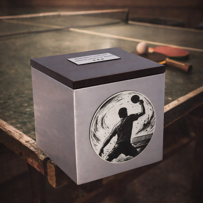 Stainless steel cremation urn with wooden lid and engraved table tennis player design, placed beside a ping pong table with paddles and ball.