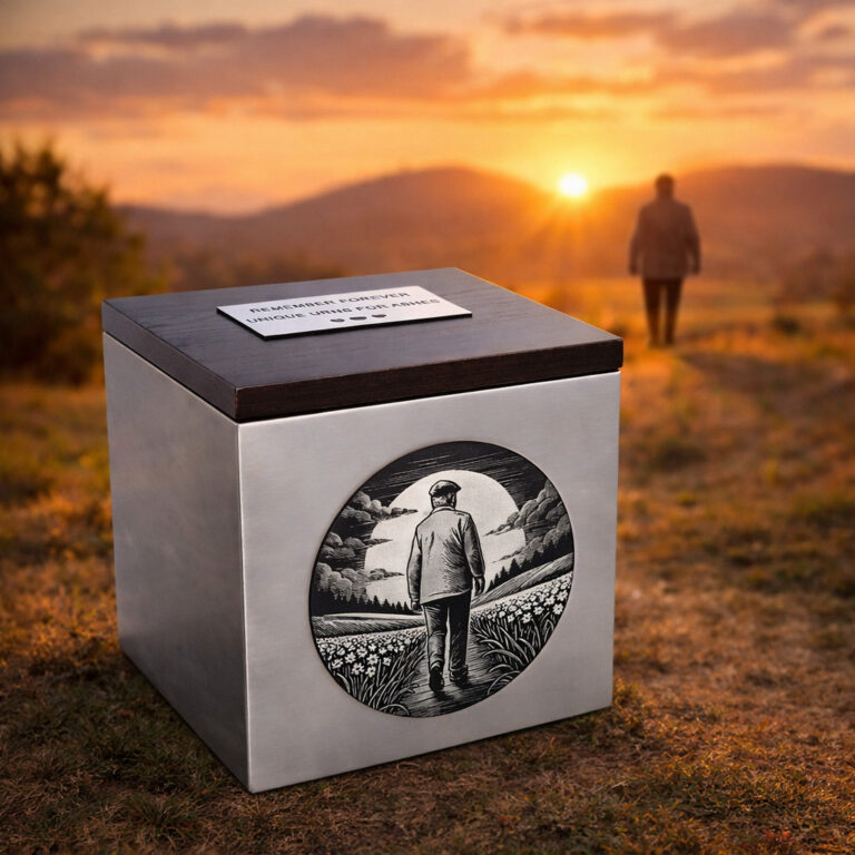 Stainless steel cremation urn with wooden lid and engraved man walking along a path, set in a peaceful sunset landscape.
