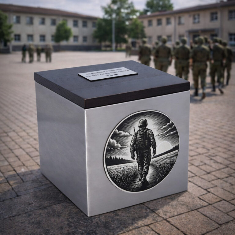 Stainless steel cremation urn with wooden lid and engraved soldier design, placed in a military courtyard setting.