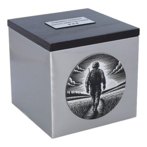 Funeral urn with engraving of soldier walking through a field at sunset