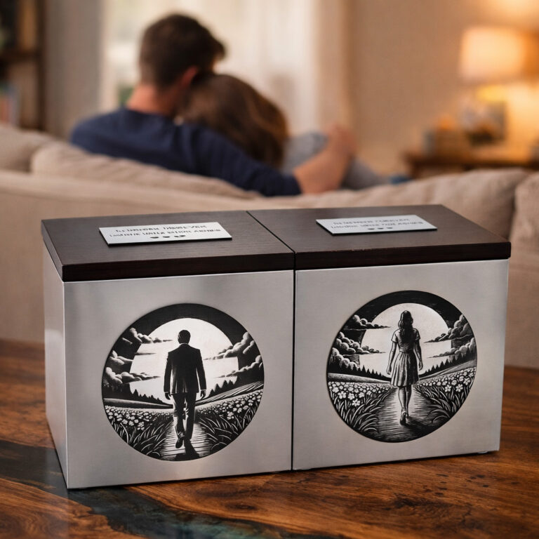 Set of two stainless steel cremation urns with wooden lids and complementary engraved designs, placed together in a home setting.