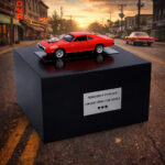 Black cremation urn with a miniature red muscle car displayed on top, set on a nostalgic street with classic vehicles.