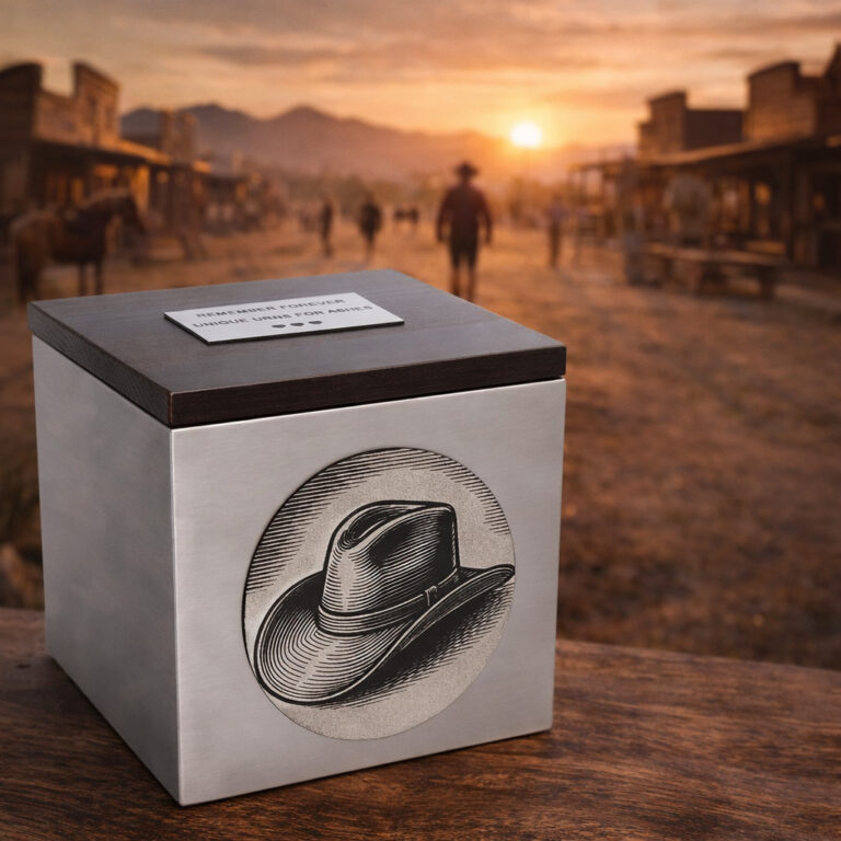 Stainless steel cremation urn with wooden lid and engraved cowboy hat design, set in a western town at sunset.