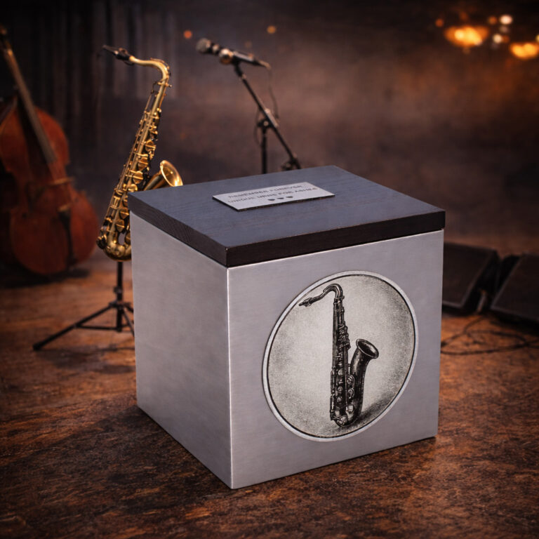 Stainless steel cremation urn with wooden lid and engraved saxophone design, placed on a stage with musical instruments in the background.