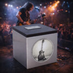 Stainless steel cremation urn with wooden lid and engraved guitar design, placed on a concert stage with a live performance in the background.