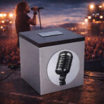 Stainless steel cremation urn with wooden lid and engraved microphone design, placed on a stage with a live concert in the background.