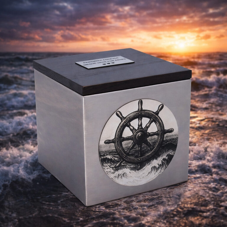 Stainless steel cremation urn with wooden lid and engraved ship wheel design, placed by the ocean at sunset.