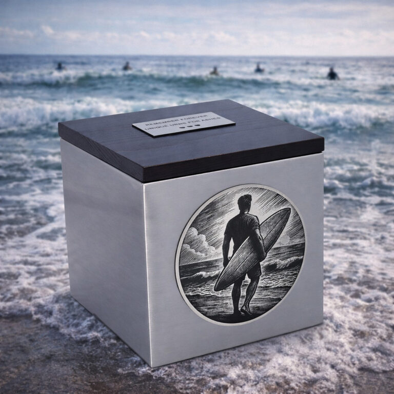 Stainless steel cremation urn with wooden lid and engraved surfer design, placed by the ocean with waves in the background.