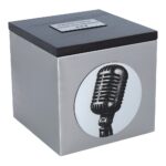 Side view of a cremation urn with vintage microphone print and wooden lid