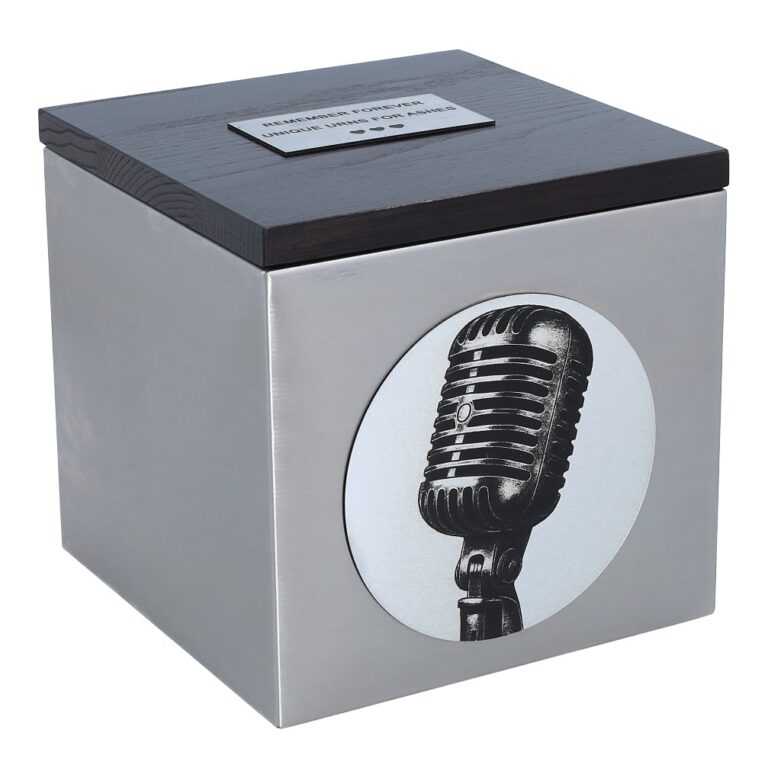 Side view of a cremation urn with vintage microphone print and wooden lid