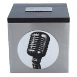 Front view of the microphone-themed cremation urn