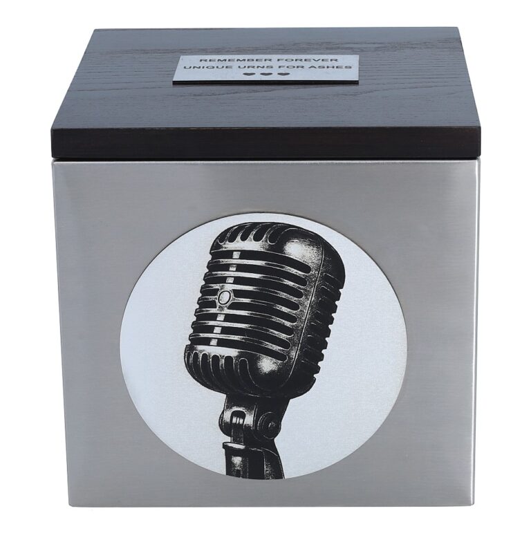 Front view of the microphone-themed cremation urn