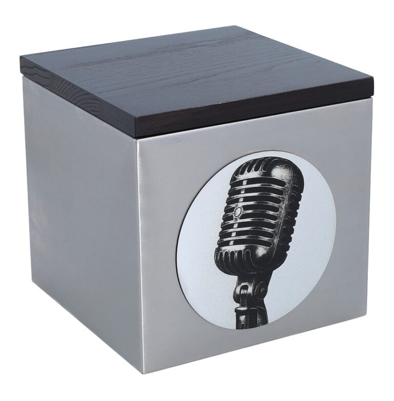 Angled left view of the music-themed cremation urn