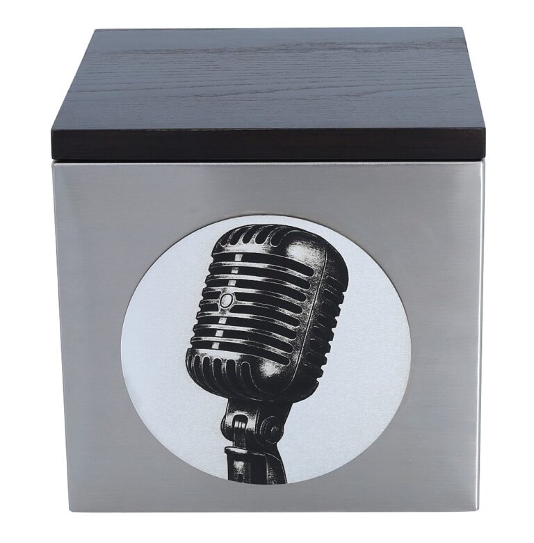 Front close-up of the urn for ashes with a vintage microphone design