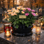 Memorial flower bowl with blooming pink and peach chrysanthemums placed on a gravestone, surrounded by candles in a peaceful cemetery setting.