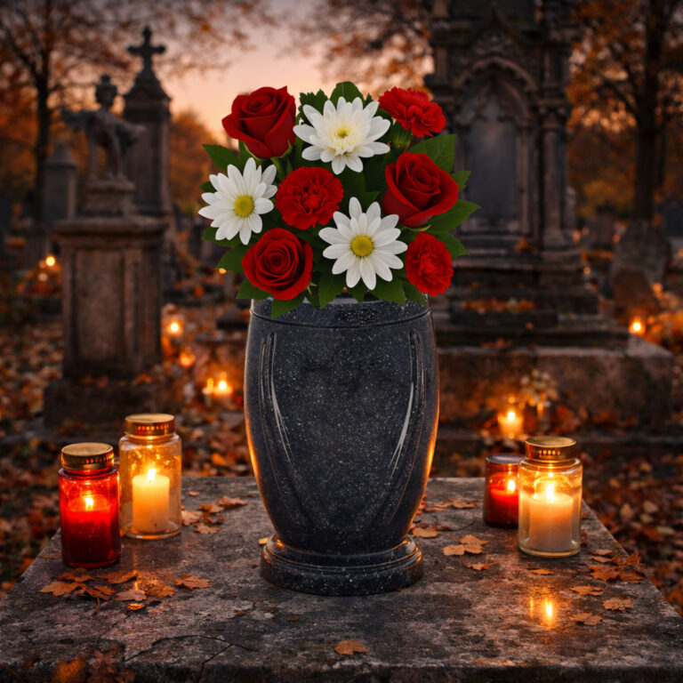 Granite cemetery vase with red roses and white daisies arranged on a gravestone, surrounded by lit memorial candles.
