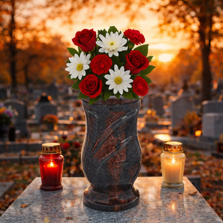 Polished granite cemetery vase with red roses and white daisies on a gravestone, illuminated by candles at sunset.