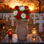 Granite cemetery vase with red roses and white daisies on a gravestone, set against rows of white crosses at sunset.