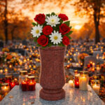 Red granite cemetery vase with red roses and white daisies on a gravestone, surrounded by glowing memorial candles at sunset.