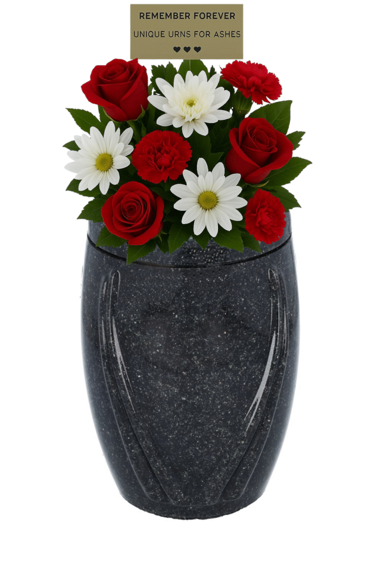 Graue Granitvase mit roten und weißen künstlichen Blumen und der Gedenktafel „Für immer in Erinnerung“