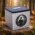 Stainless steel cremation urn with wooden lid and engraved hunting scene, placed on a tree stump in a forest setting.