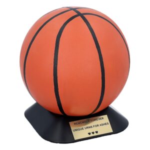 Hand-painted basketball cremation urn on a black base with a memorial plaque.
