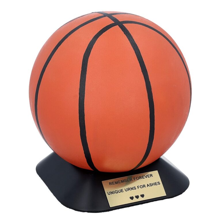 Hand-painted basketball cremation urn on a black base with a memorial plaque.