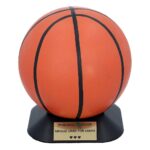 Front view of the basketball cremation urn with black lines and a base for the plaque.