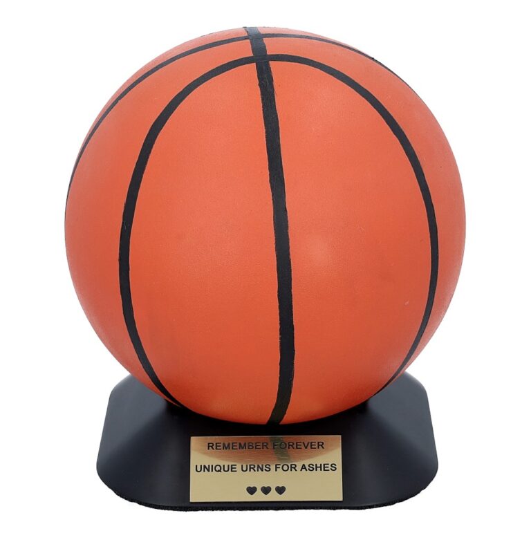 Front view of the basketball cremation urn with black lines and a base for the plaque.