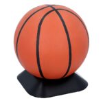 Basketball-shaped urn without plaque, standing on a black base.