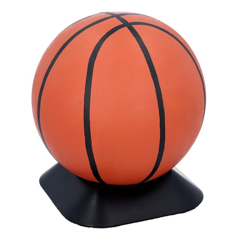 Basketball-shaped urn without plaque, standing on a black base.