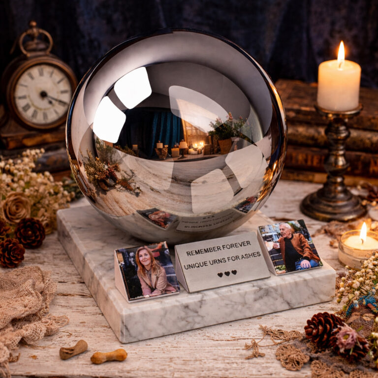 Modern cremation urn sphere with photo holders displayed in a warm home memorial setting with candles.