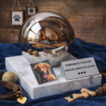 Pet cremation urn with reflective sphere design and dog photo in a home memorial setting.