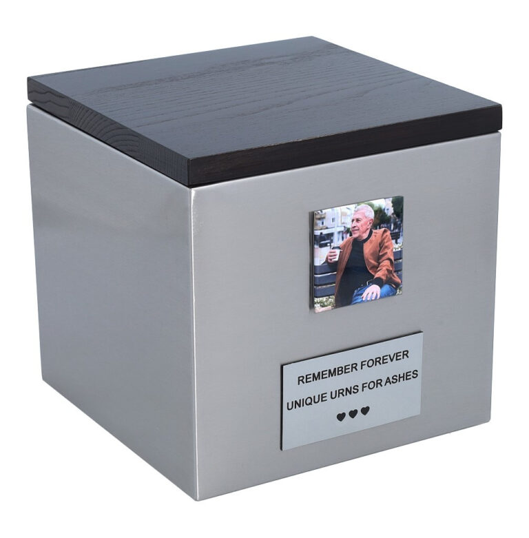 Stainless steel cremation urn with wooden lid and memorial plaque