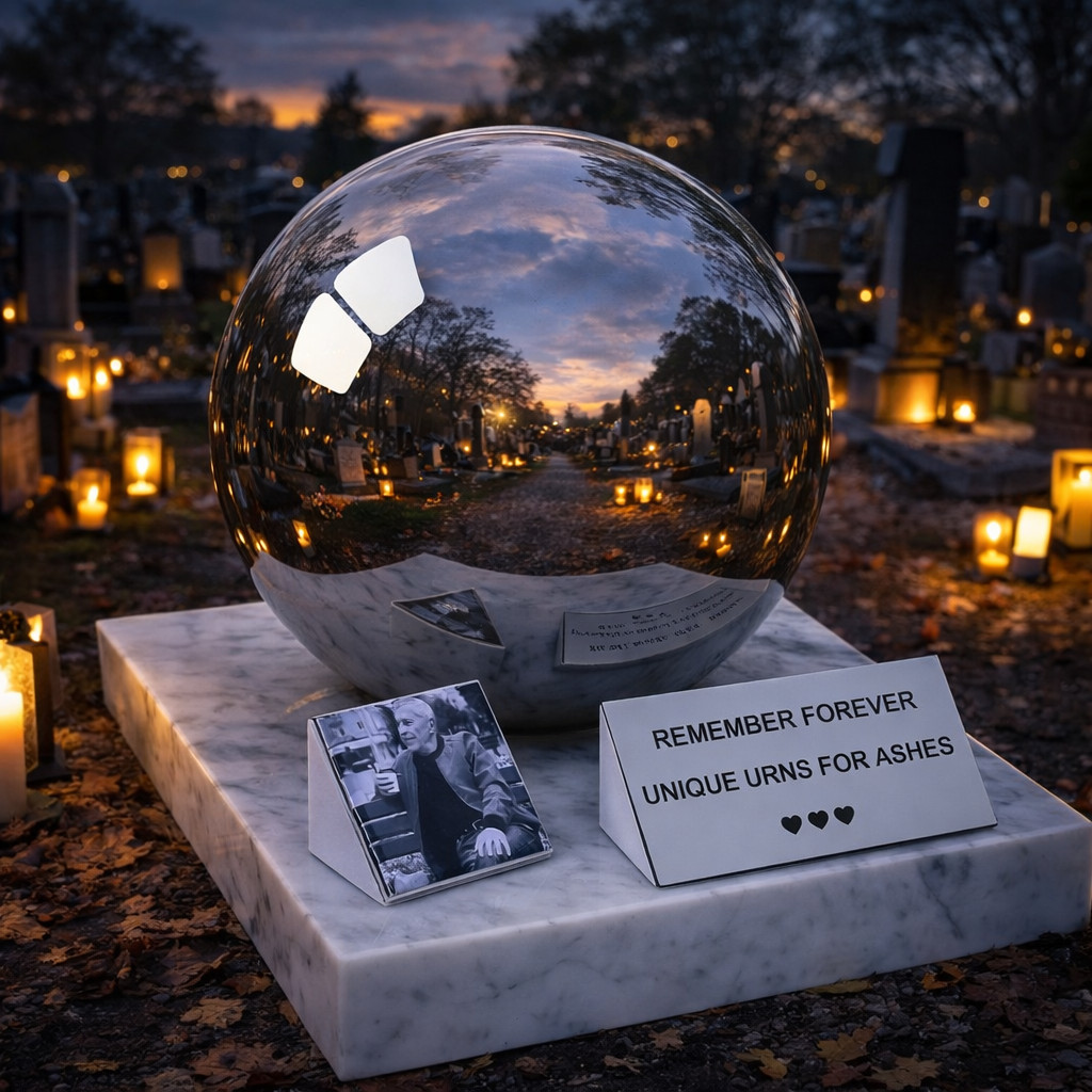 Funeral urn with photograph, stainless steel sphere urn on marble base