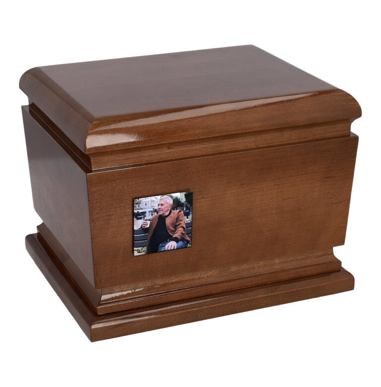 Angled view of solid wooden cremation urn