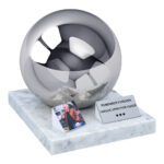 Adult cremation urn stainless steel sphere on marble base with memorial plaque and photo tile