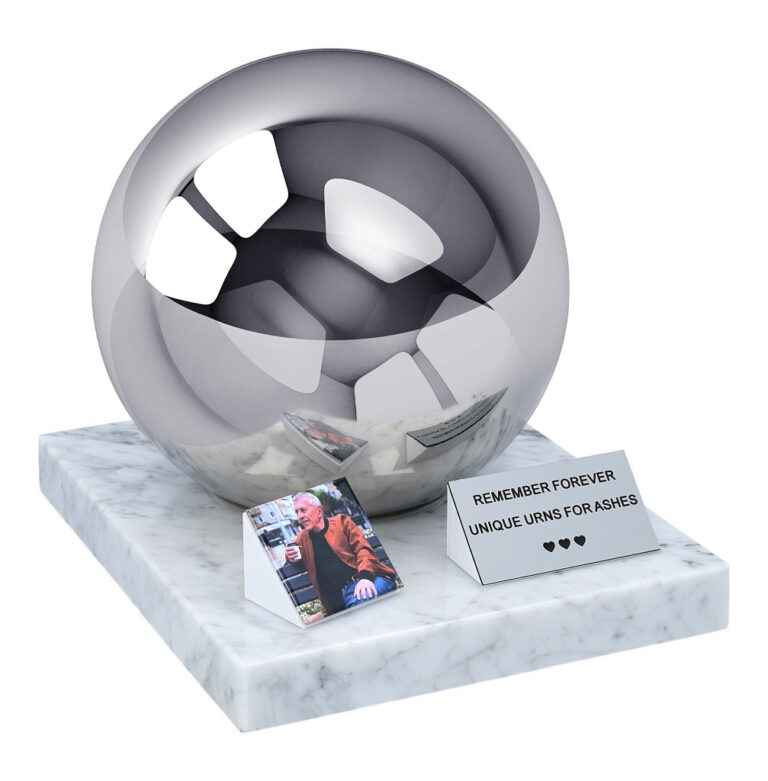 Adult cremation urn stainless steel sphere on marble base with memorial plaque and photo tile