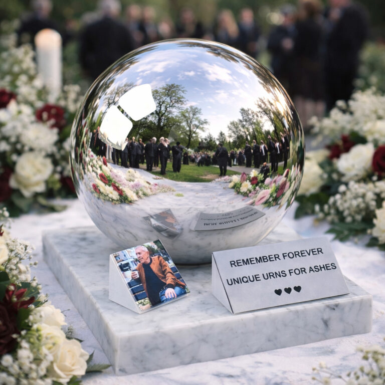Reflective sphere cremation urn with photo display at an outdoor funeral ceremony with flowers.