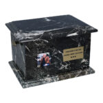 Onyx stone cremation urn with photo and memorial plaque