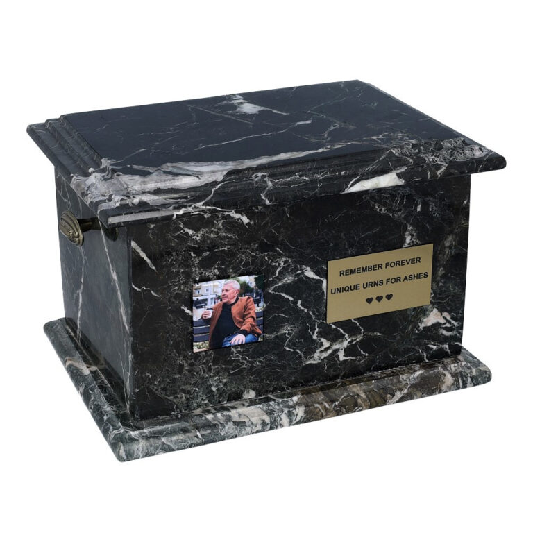 Onyx stone cremation urn with photo and memorial plaque