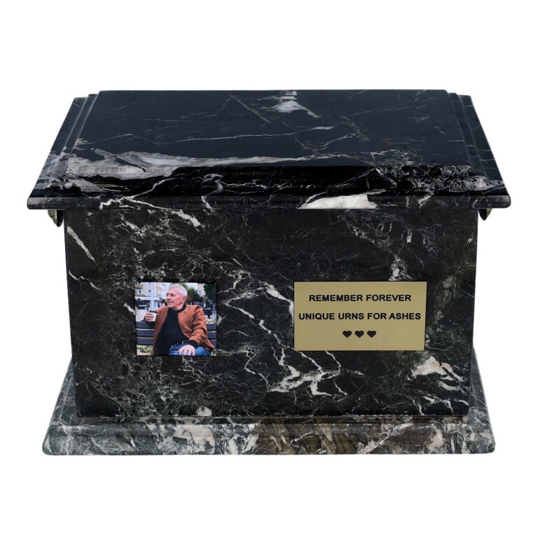 Front view of onyx urn with memorial photo